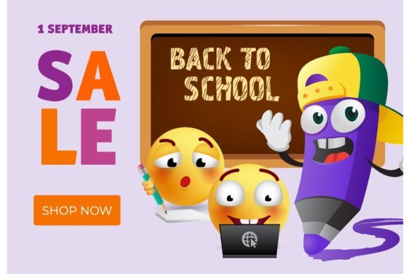 Back to School Sale Leaflet Design with Cartoon Pencil, Smart Emoticons, and Chalkboard Aesthetic